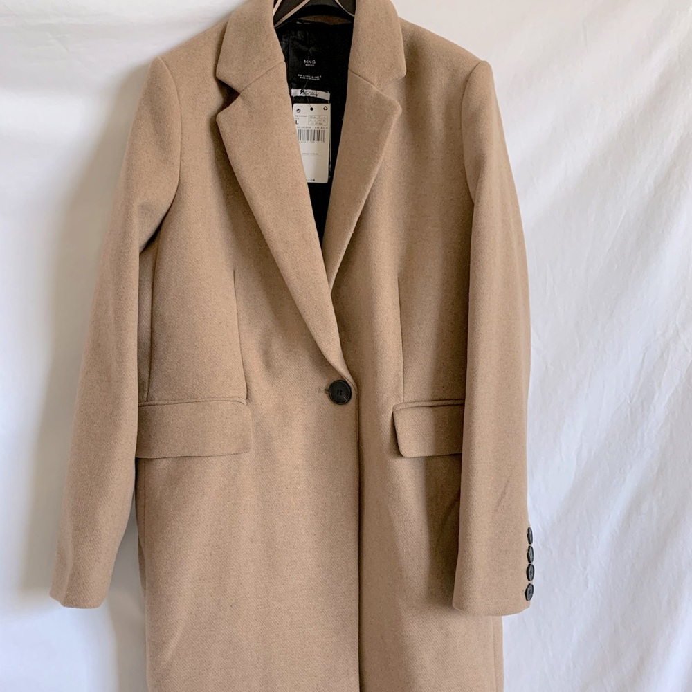 Mango Wool Blend Long Coat- Large - Brown